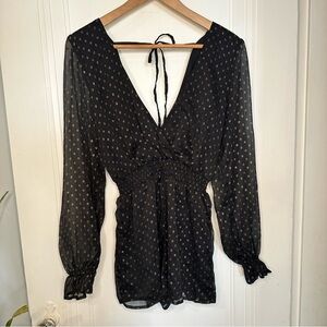 Lulus Called For a Toast Black and Gold Dot Long Sleeve Romper Size XS